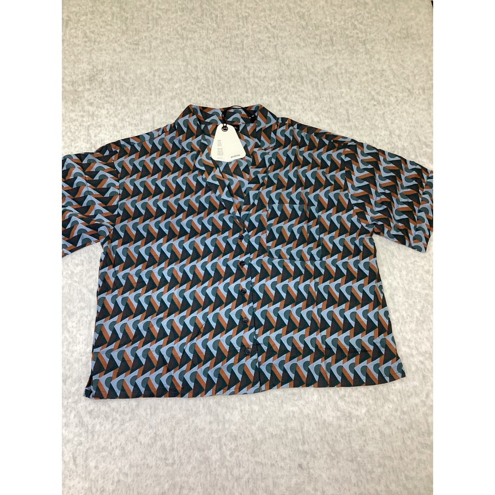 Prana Iguala Top High Tide Retro Geo Blue Orange Geometric Button Down Womens M